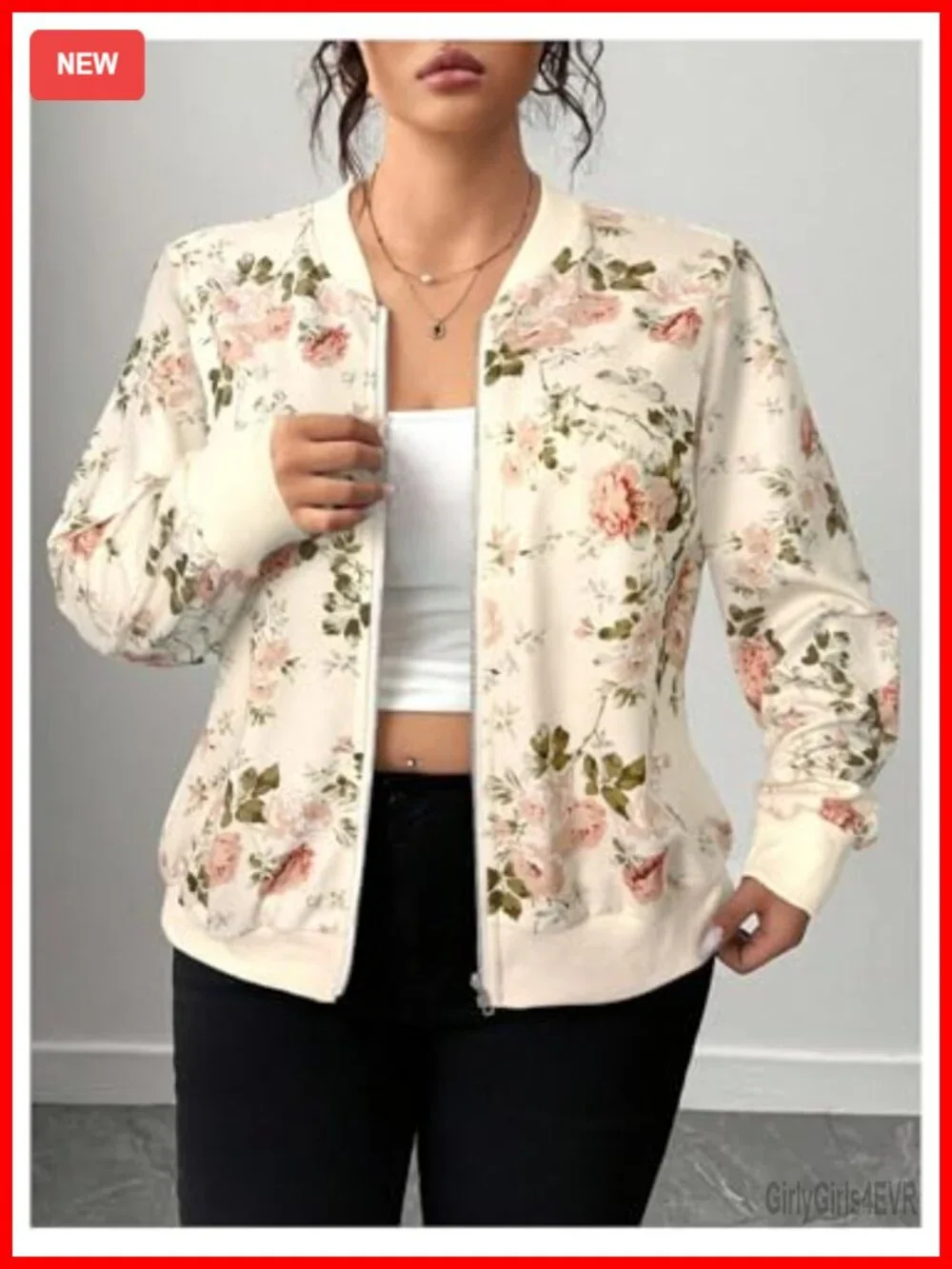 Plus Size Floral Varsity Jacket Zip Up Long Sleeve Bomber Lightweight Office